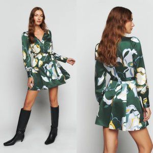 Reformation Chrisley Wrap Silk Mini Dress Lyra Green Floral V-Neck Long Sleeve